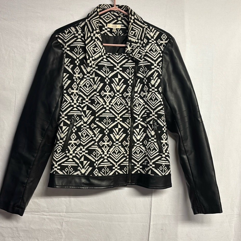 Halo Women's Jacket Short Black Faux Leather/Cotton Geo Pattern Size Medium